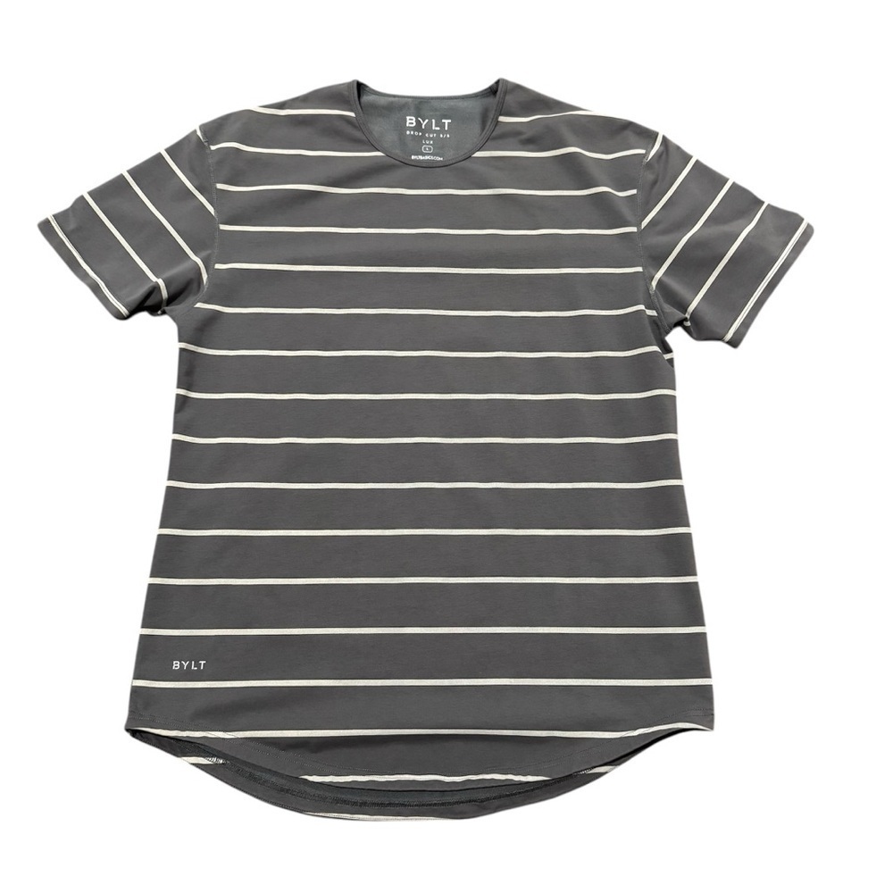 BYLT Shirt Men’s Large Gray Striped Drop Cut Lux Short Sleeve Stretch Tshirt